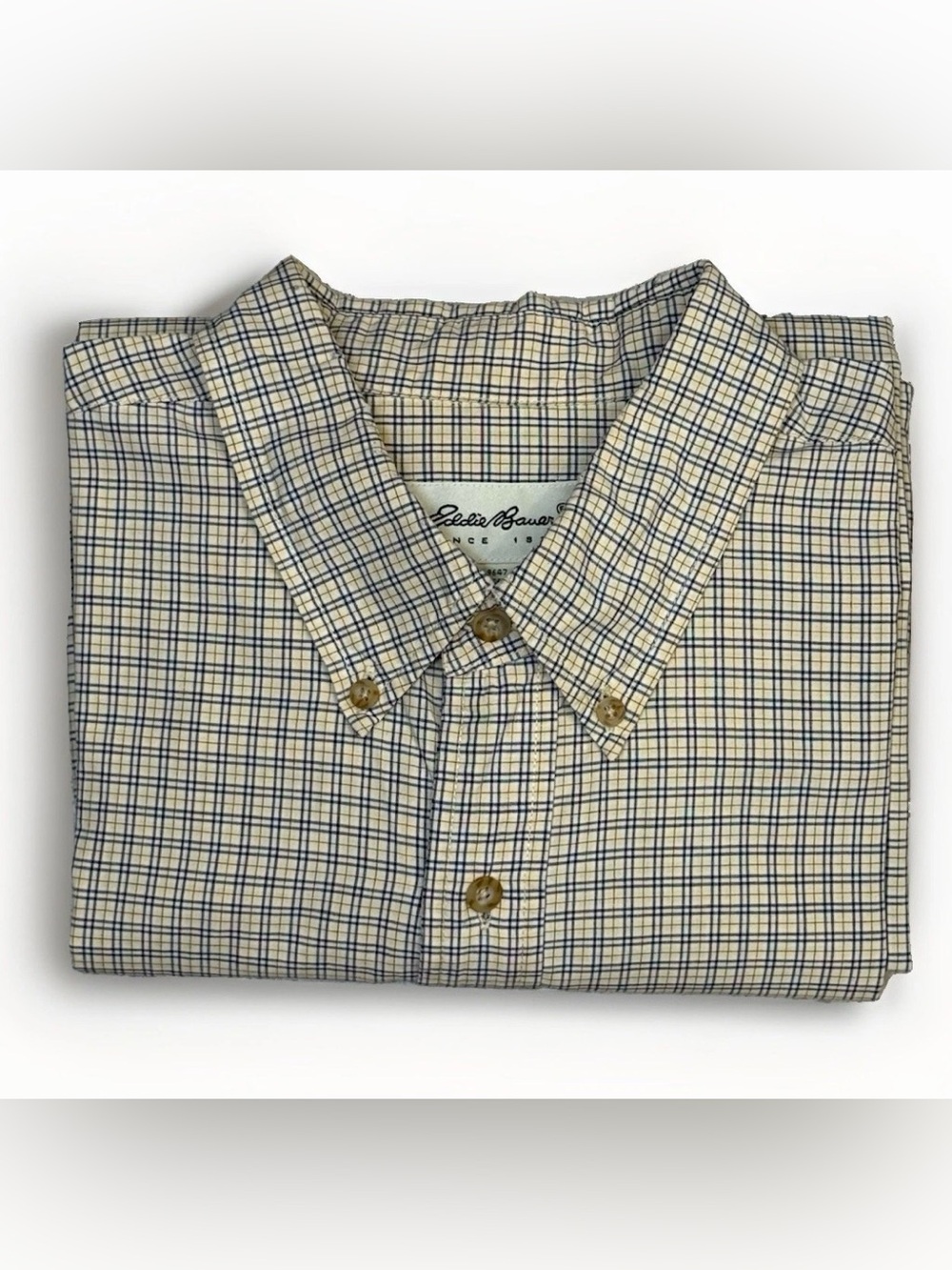 Eddie Bauer Shirt Mens XL Tall Tan Blue Plaid
Button Down Long Sleeve Woven